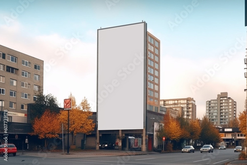 Cityscape backdrop, blank vertical outdoor billboard mockup on bright autumn day Generative AI