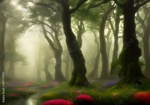 Flowers in fog volumetric Kodachrome forest. photo