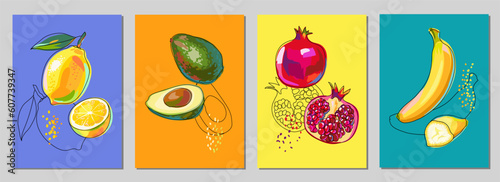 Set of vector posters with fruits. Lemon with leaves, avocado, pomegranate and banana on colored backgrounds. Hand drawn line art. Cartoon style. Suitable for wall art, poster, cover, banner, label.