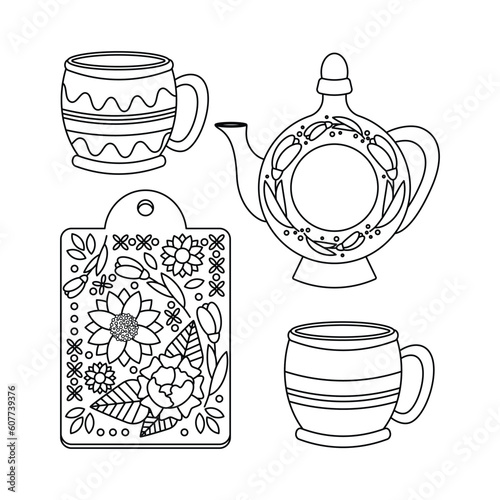 A set of tableware with a floral ornament. Jug, cup, kitchen cutting board. Ukrainian symbols.