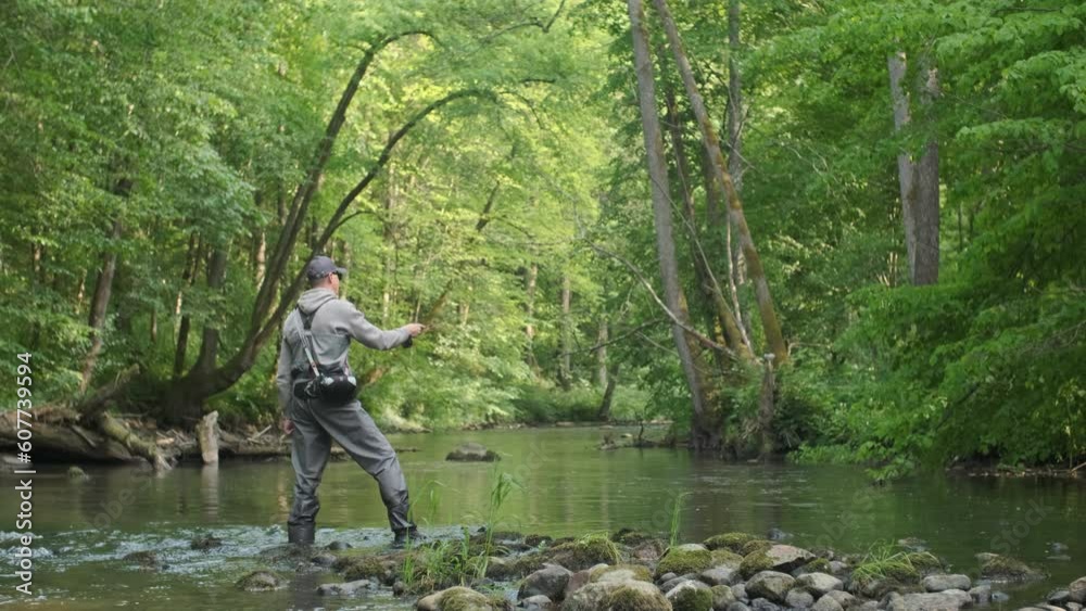 Fisherman catching brown trout on the fly standing in river. Slow motion. Fisherman catching brown trout on the fly standing in river. Slow motion.