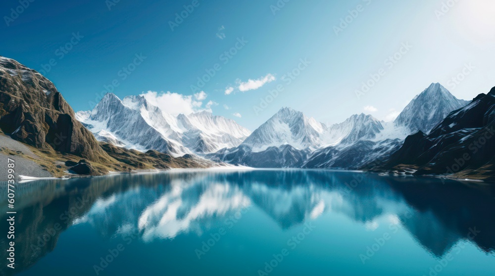 Naklejka premium Panoramic view of snowy mountains and clear blue lake. Generative AI.