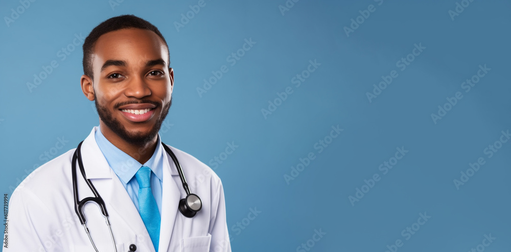 a smiling young male dressed as a doctor's in front blue background