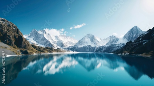 Panoramic view of snowy mountains and clear blue lake. Generative AI. © Hanna
