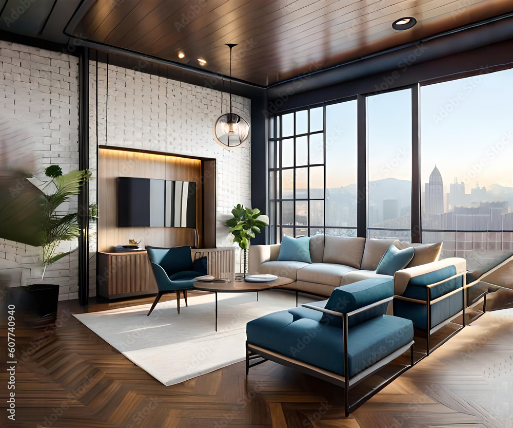 Fototapeta premium Living room interior in loft, industrial style, 3d render