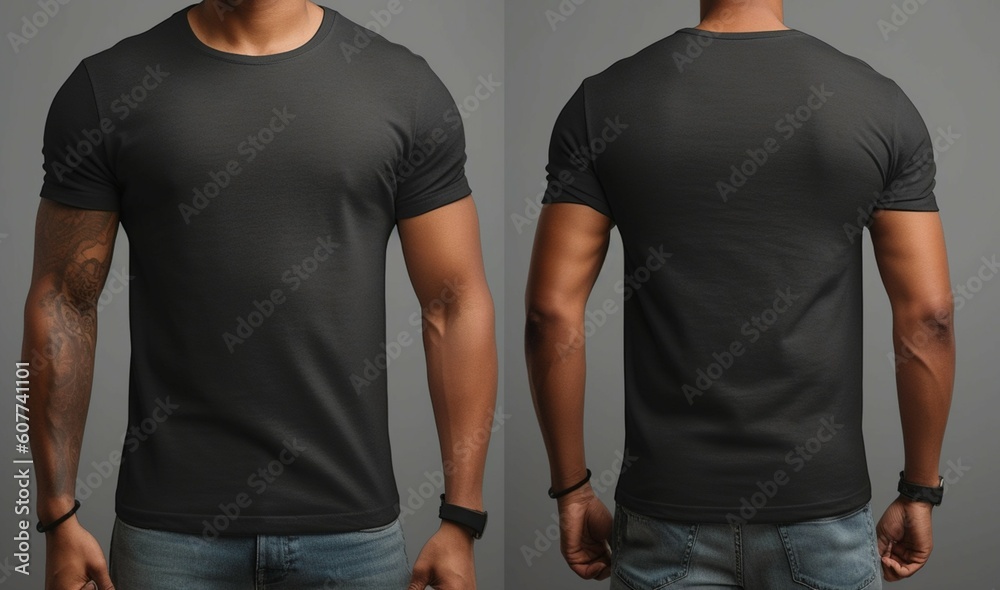 Mockup black t-shirt on strong man on gray background Template for ...