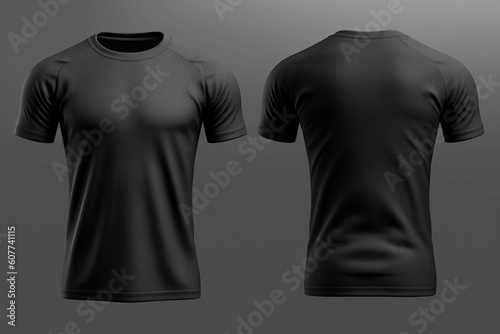 Mockup black t-shirt on strong man on gray background Template for presentation of clothes Front view and back Generative AI