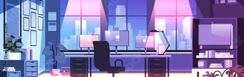 modern loft interior of night open space home office with furniture for corporate or freelance work