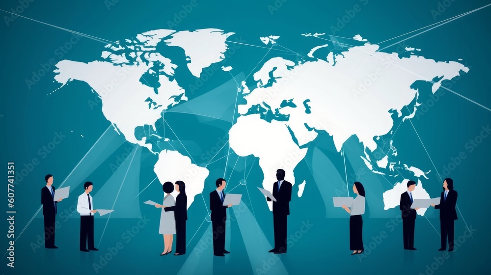 Network. Global Business. Illustration of a business team and world map. Business illustration, Generative AI Network. Global Business. Illustration of a business team and world map. Business illustration, Generative AI