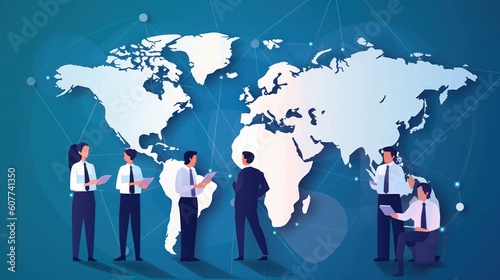 Network. Global Business. Illustration of a business team and world map. Business illustration  Generative AI