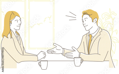 商談する男女のビジネスパーソン-モノクロ