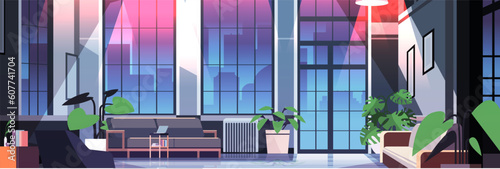 modern loft interior of night open space home office with furniture for corporate or freelance work