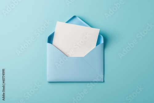 Top view photo of open blue envelope with paper sheet on isolated pastel blue background with empty space, Generative AI