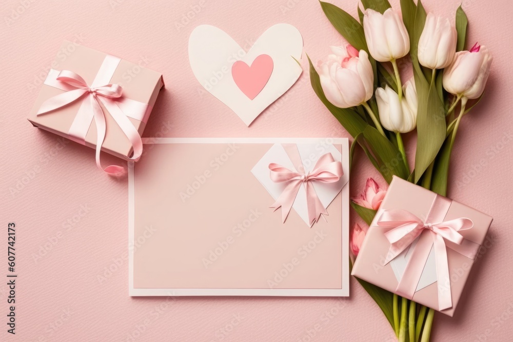 Mother's Day celebration concept. Top view photo of present boxes with ribbon bows envelope postcard with heart and bunches of pink and white tulips on isolated pastel pink background, Generative AI