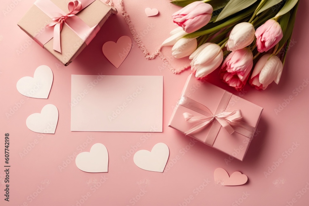 Mother's Day celebration concept. Top view photo of present boxes with ribbon bows envelope postcard with heart and bunches of pink and white tulips on isolated pastel pink background, Generative AI Mother's Day celebration concept. Top view photo of present boxes with ribbon bows envelope postcard with heart and bunches of pink and white tulips on isolated pastel pink background, Generative AI