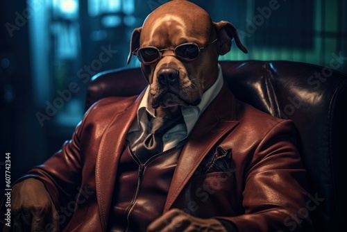 Portrait of a costumed strong looking pitbull gentleman with glasses in a leather suit in office © MaVeRa