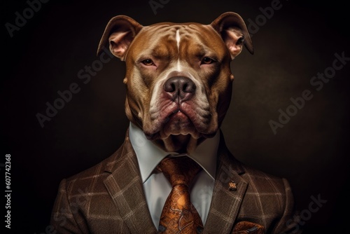 Portrait of a costumed strong looking pitbull gentleman in a suit