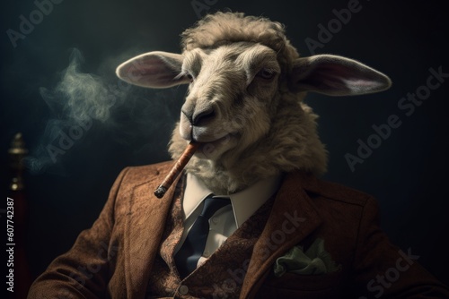 Portrait of a costumed sheep ram gentleman in a suit smoking a cigar photo