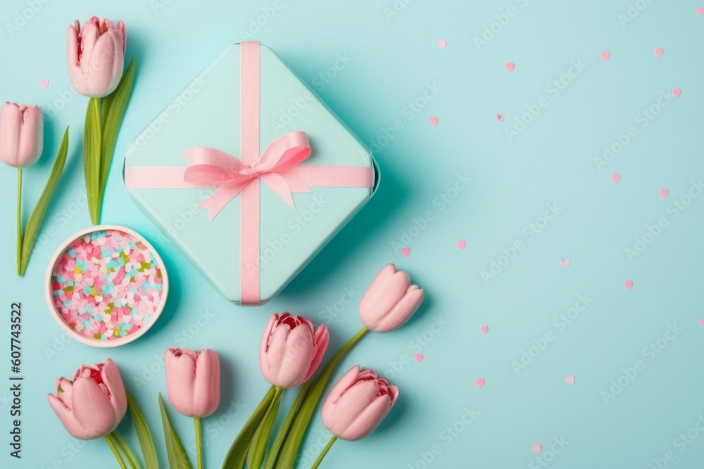 Mother's Day celebration concept. Top view photo of spring flowers pink tulips small giftbox with bow and heart shaped saucer with sprinkles on isolated pastel blue background, Generative AI Mother's Day celebration concept. Top view photo of spring flowers pink tulips small giftbox with bow and heart shaped saucer with sprinkles on isolated pastel blue background, Generative AI