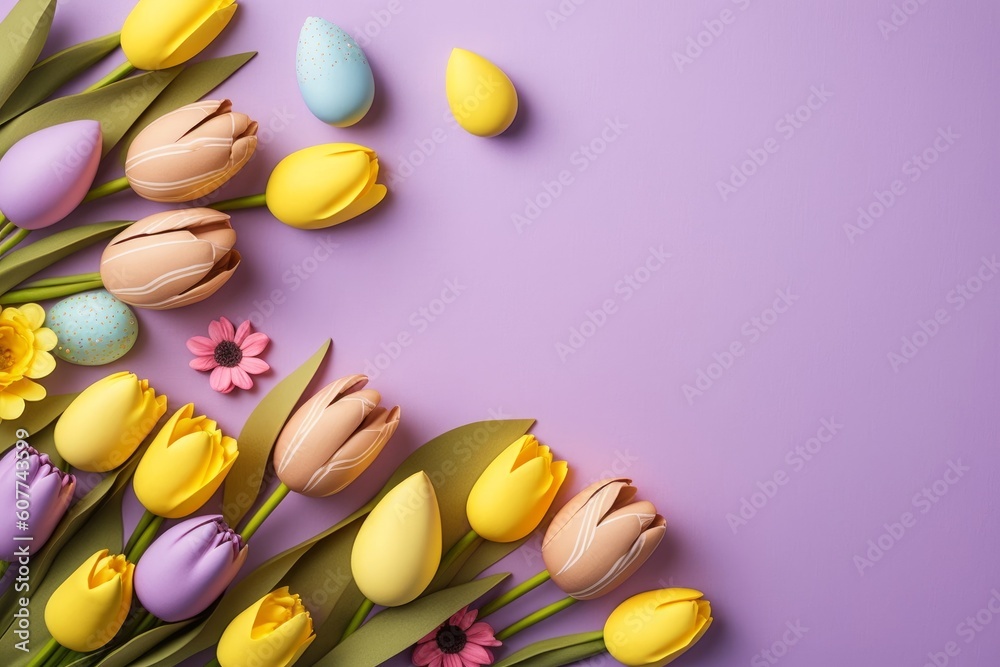 Easter concept. Top view photo of spring flowers bunches of yellow and pink tulips and colorful easter eggs on isolated pastel violet background with empty space, Generative AI
