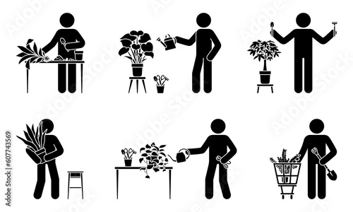 Stick figure male planting home flowers vector illustration set. Stickman person taking care of houseplant icon silhouette pictogram