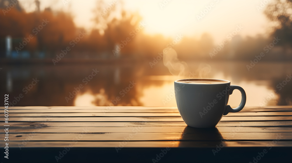 A Cup of Coffee on the Rustic Wooden Table in Front of Beautiful Lake in the Golden Warm Sunset Moment. Generative AI.