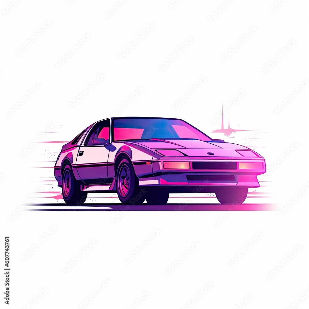 Synthwave Cyberpunk Neon Car Illustration, Vintage Retro Car Drawing, Bold Purple and Bright Colours