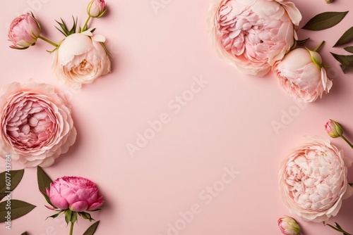 Mother's Day concept. Top view photo of fresh flowers pink peony roses on isolated pastel pink background with blank space, Generative AI