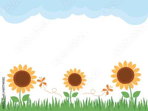 Sky background with sunflower field  butterfly cartoons and green grass vector illustration.