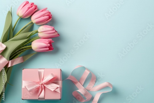 Mother's Day atmosphere concept. Top view photo of bunch of pink tulips and pink gift boxes with ribbon bows on isolated pastel blue background with empty space, Generative AI