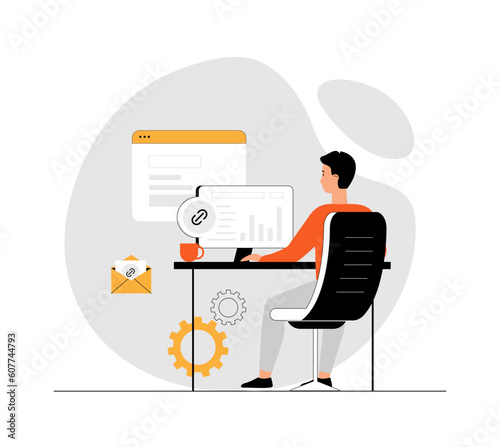 Link building, search engine optimization. Active link to content source, hyperlink connection. Illustration with people scene in flat design for website and mobile development.