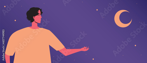 Insomnia and mental problems at night in a woman, copy space template or flat vector stock illustration