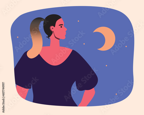 Insomnia in melancholy woman, mental health concept, flat vector stock illustration