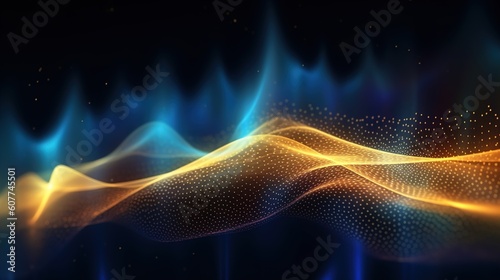 Abstract Futuristic Background with gold blue glowing neon moving high-speed wave lines and bokeh light, data transfer concept, Fancy wallpaper, AI generative