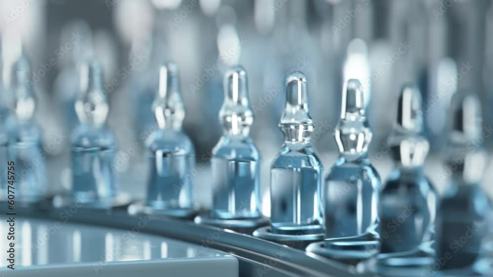 Glass Ampoules on Conveyor Belt. Medical Ampoule Production Line at