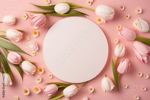 Spring holidays concept. Top view photo of white circle bouquets of fresh tulips curly ribbon and sprinkles on isolated pastel pink background with empty, Generative AI