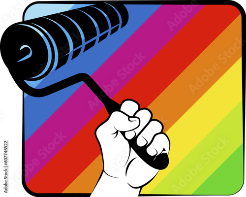 Paint roller in hand, waves of colored paint