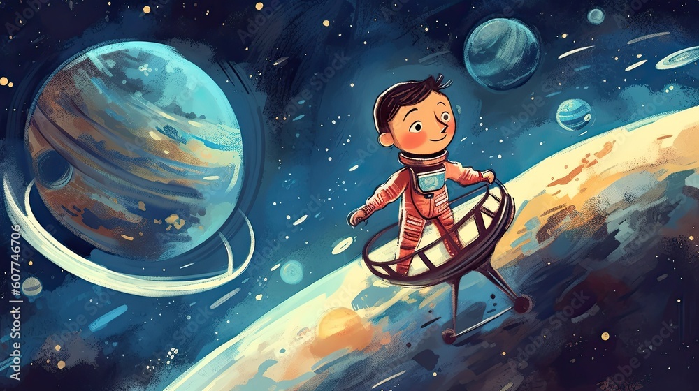 Small boy dreams of planet adventures, picture in retro cartoon style Small boy dreams of planet adventures, picture in retro cartoon style