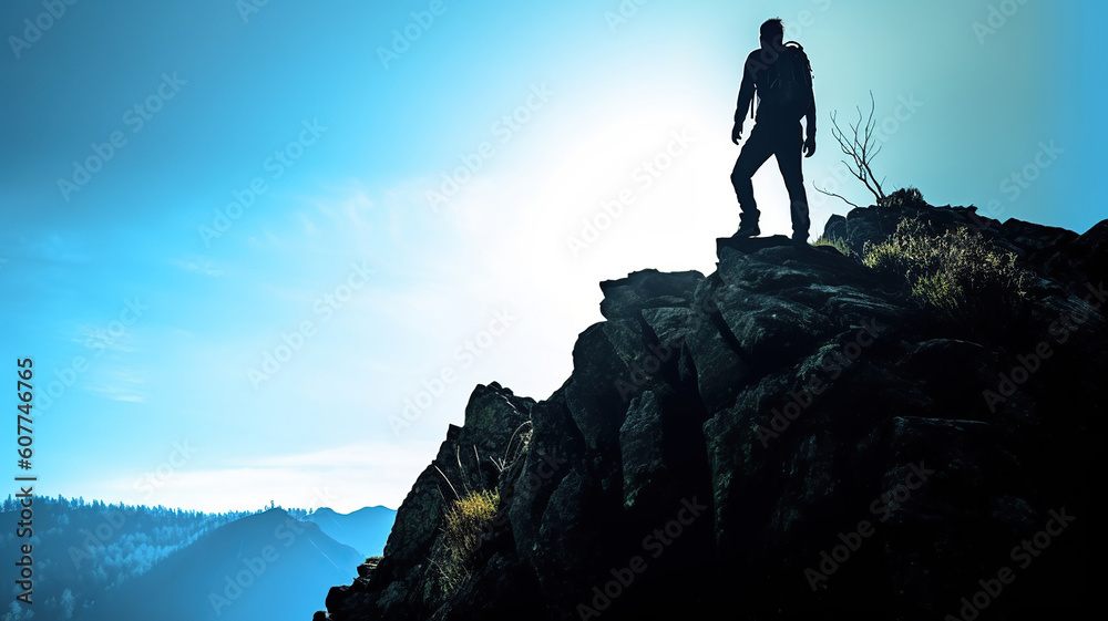 Man silhouette stay on sharp rock peak. Satisfy hiker enjoy view. Tall man on rocky cliff watching down to landscape. Generative Ai