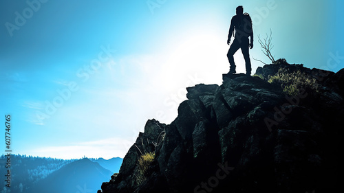 Man silhouette stay on sharp rock peak. Satisfy hiker enjoy view. Tall man on rocky cliff watching down to landscape. Generative Ai