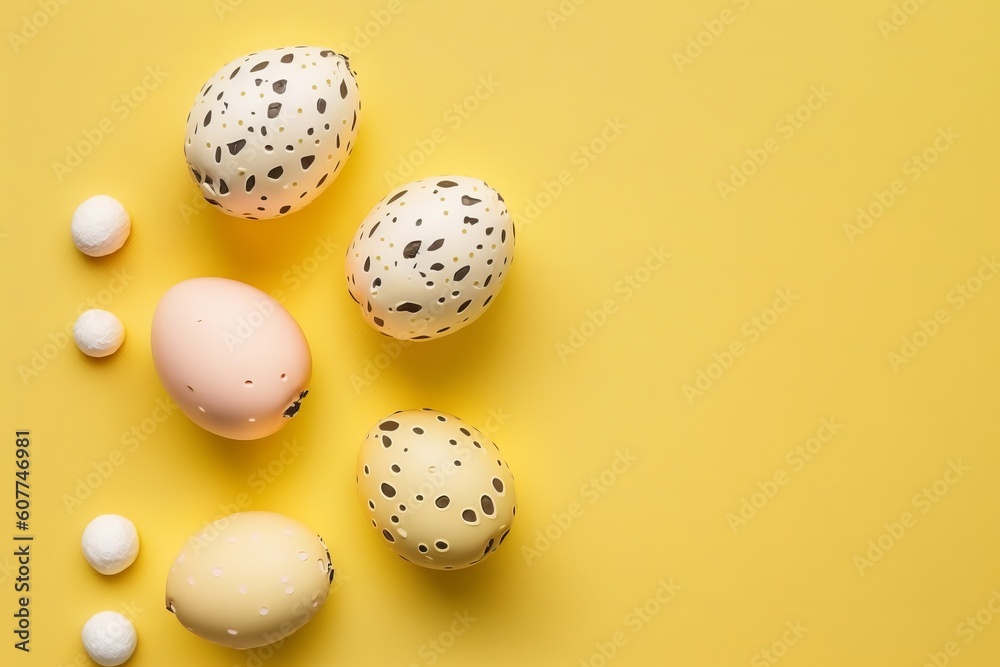 Easter decorations concept. Top view photo of light pink white and gold quail eggs on isolated yellow background with empty space, Generative AI