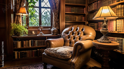 Bookshelves in the library. Large bookcase with lots of books. Sofa in the room for reading books. Generative Ai photo