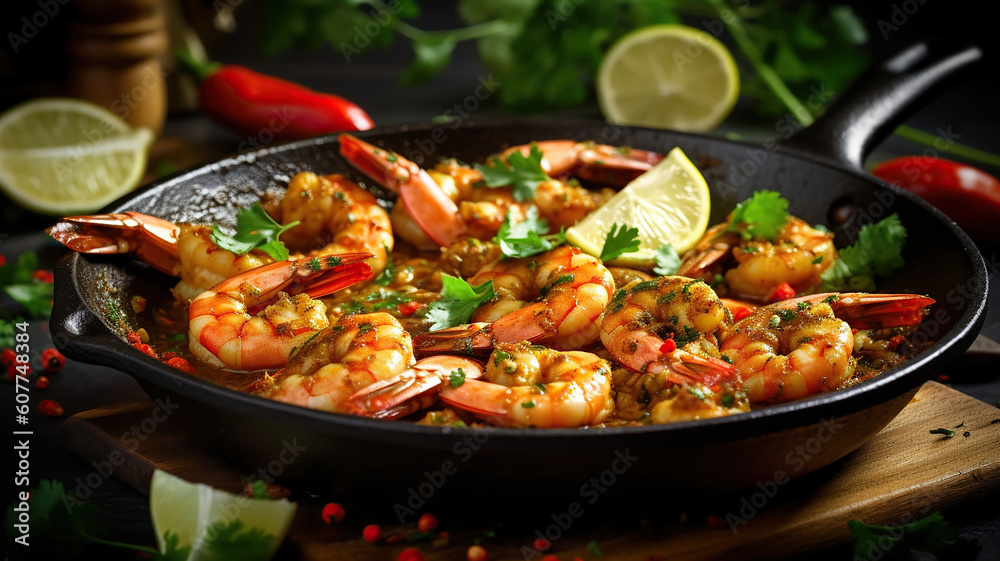 Spicy garlic chilli Prawns Shrimps on frying pan with lemon and cilantro. Generative Ai