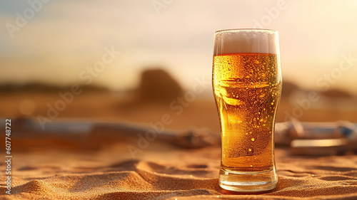 cold beer glass in the sand. Sparkling sea at the background. Generative Ai photo