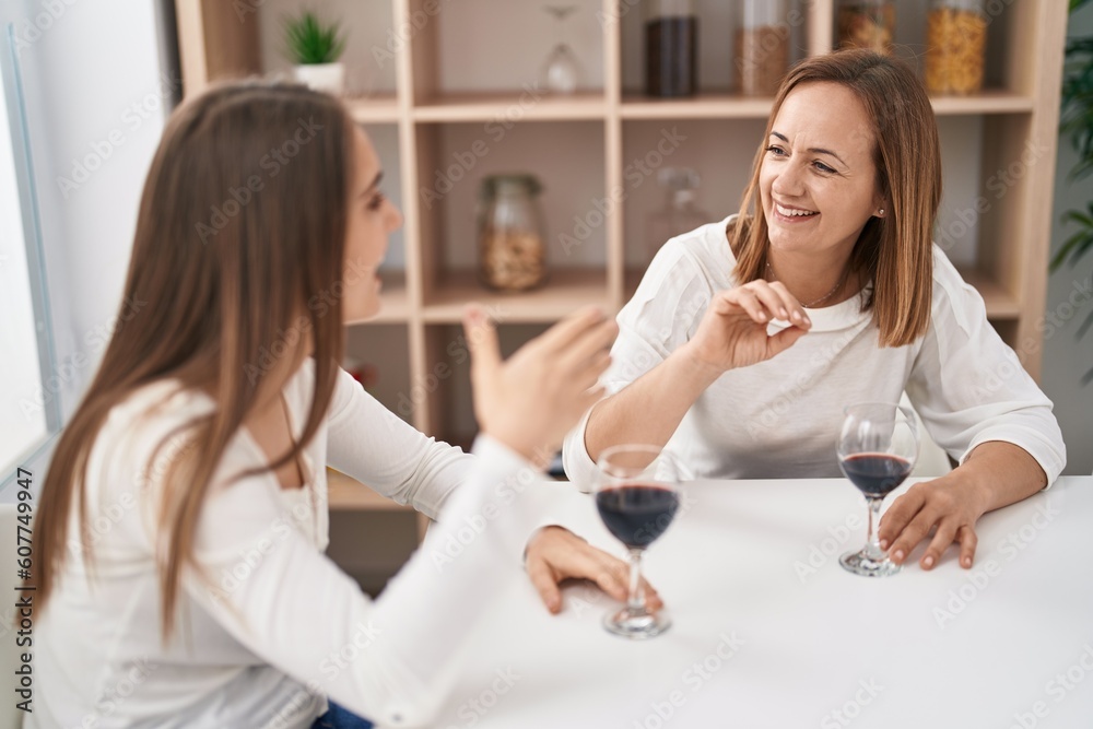 Two women mother and daughter drinking glass of wine at home