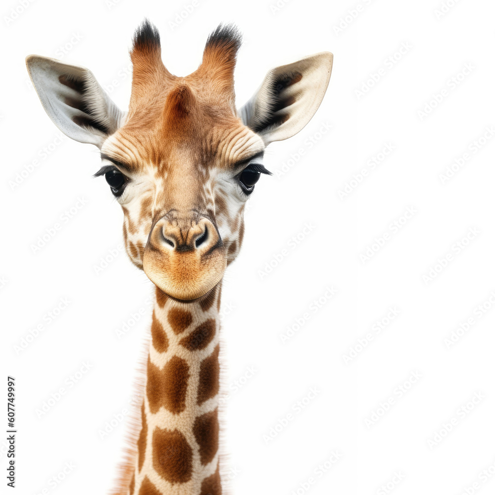 Fototapeta premium Cute baby giraffe isolated on a white background. Generative AI