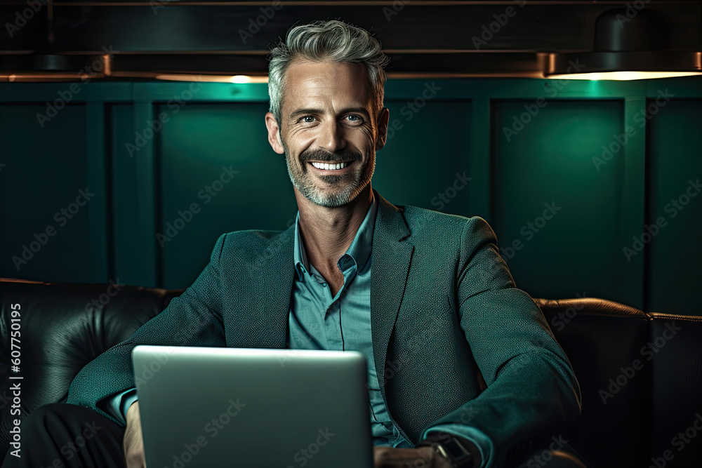 Happy smiling businessman working on a laptop computer Happy smiling businessman working on a laptop computer