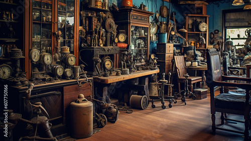 Interior of an antique store with old vintage classical objects and furniture. Generative Ai