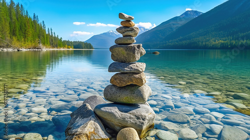 Balanced stone pyramide on shore of blue water of mountain lake. Generative Ai