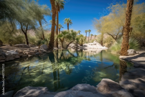 desert oasis with palm trees and clear blue skies, created with generative ai